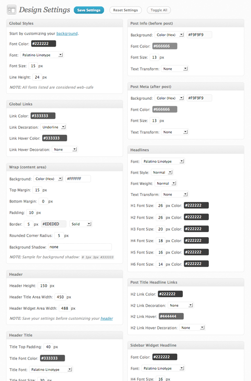 prose theme design settings