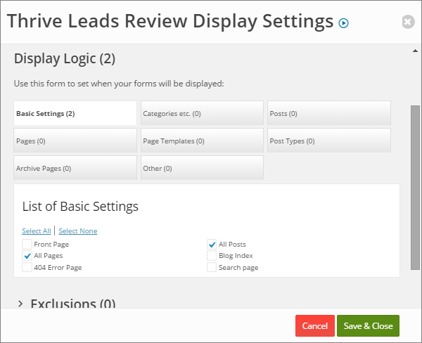 Thrive Leads Display Settings